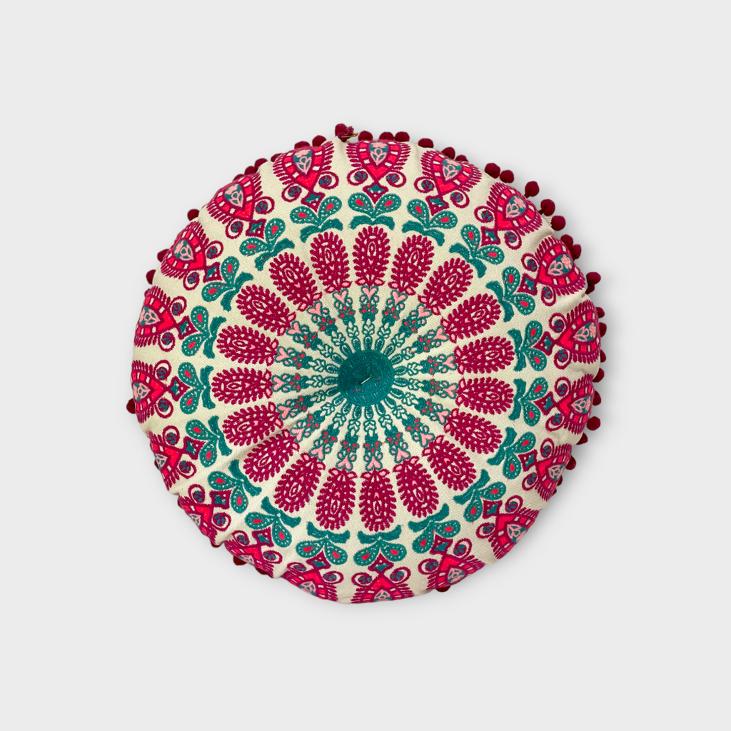 Round pillow, hand embroidered from India