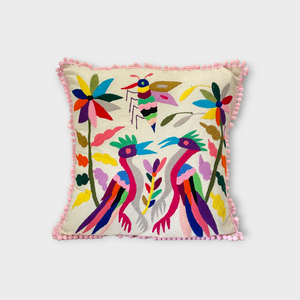 Otomi pillow cover with pink pompoms