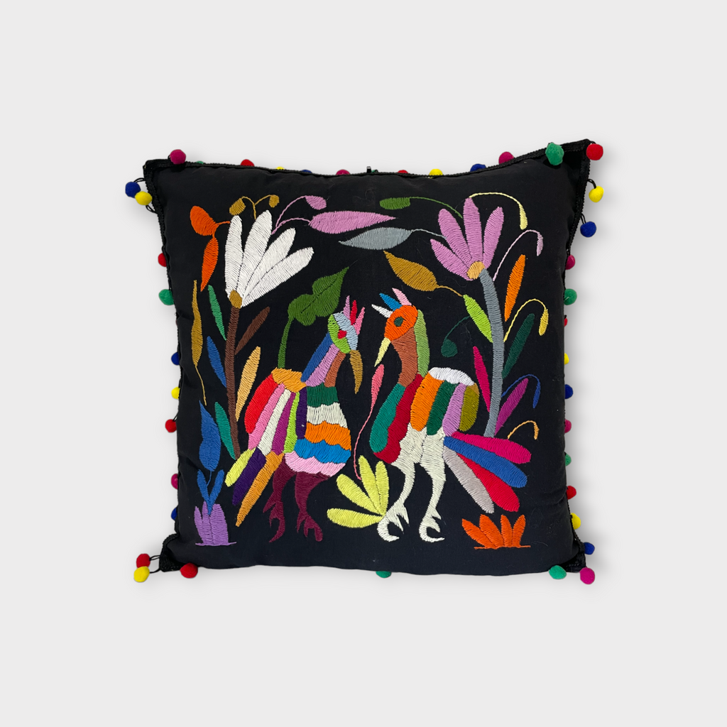 Otomi pillow cover, Black with multicolor pompoms