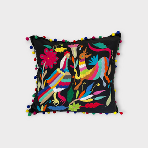 Otomi pillow cover, Black with multicolor pompoms