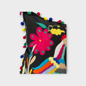Otomi pillow cover, Black with multicolor pompoms