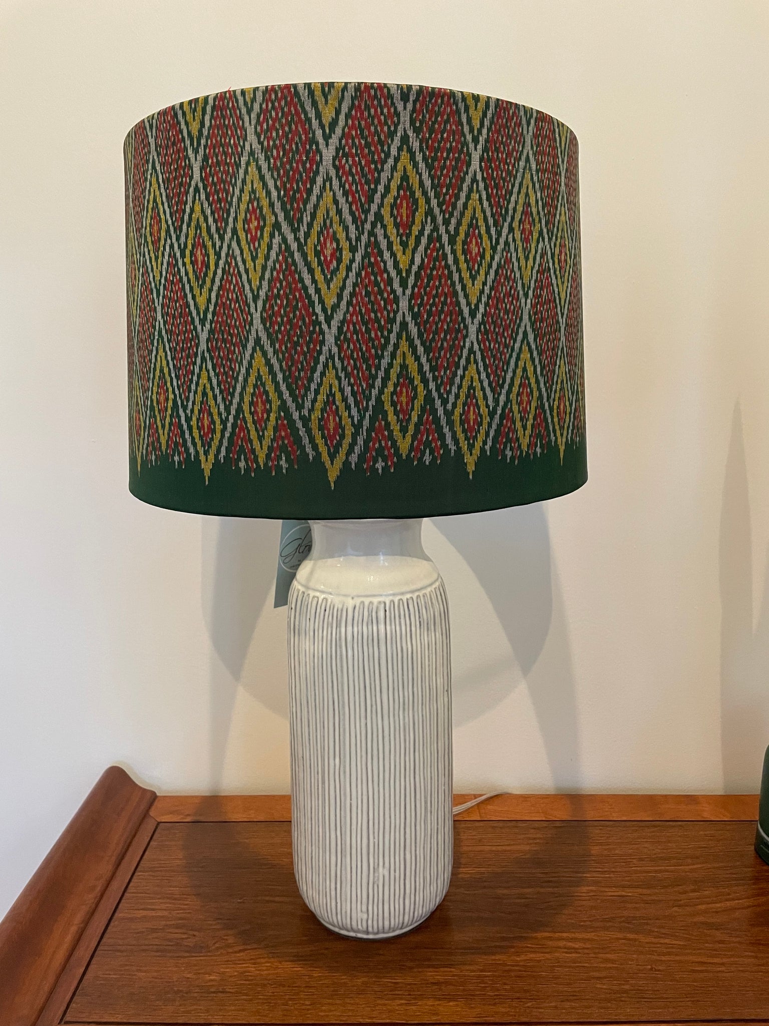 Ikat lamp with offwhite ceramic base