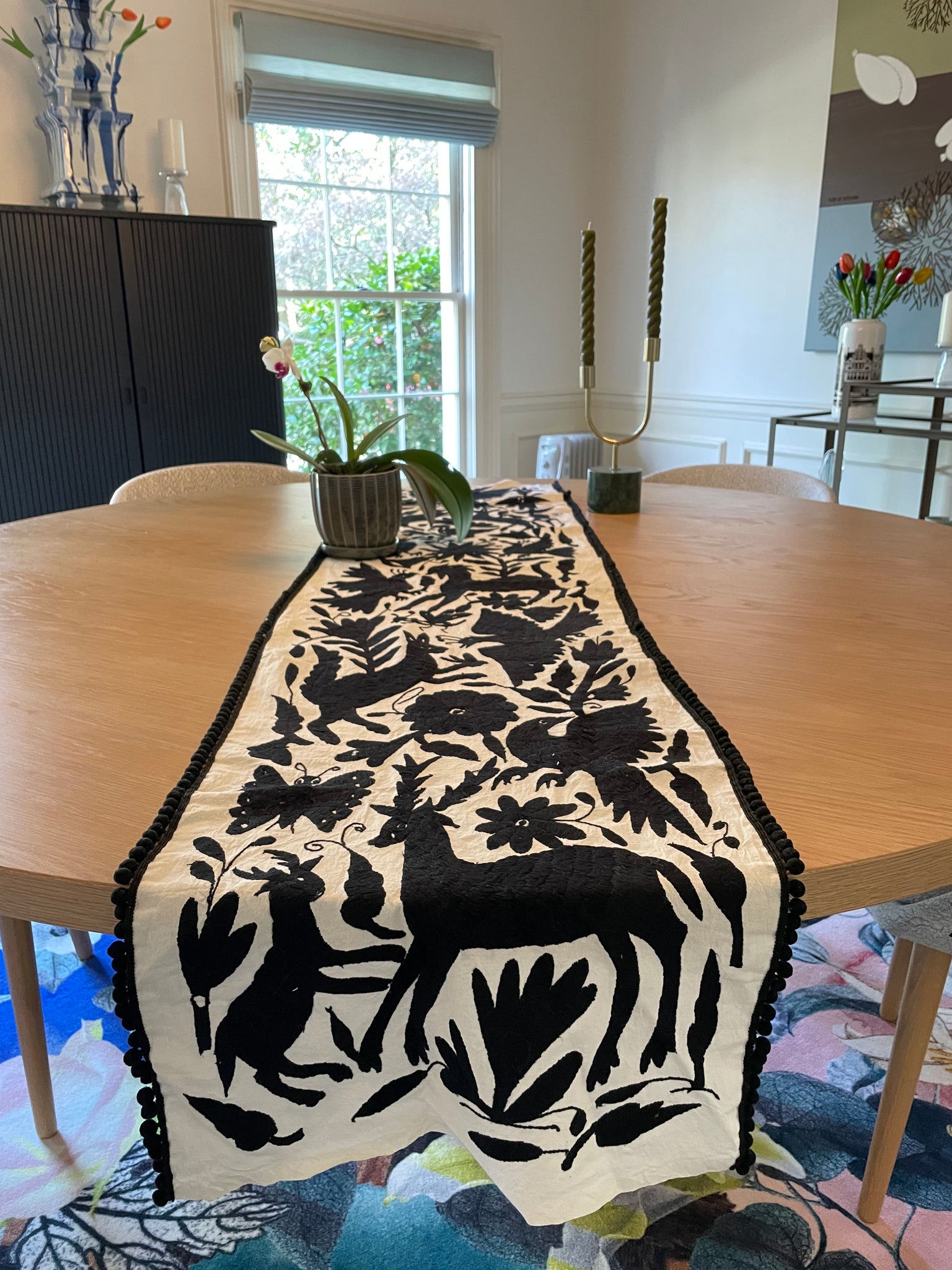 Otomi table/bed runner, Black with pompoms