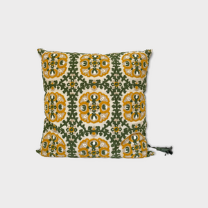 Hand embroidered Indian pillow with leather tassel