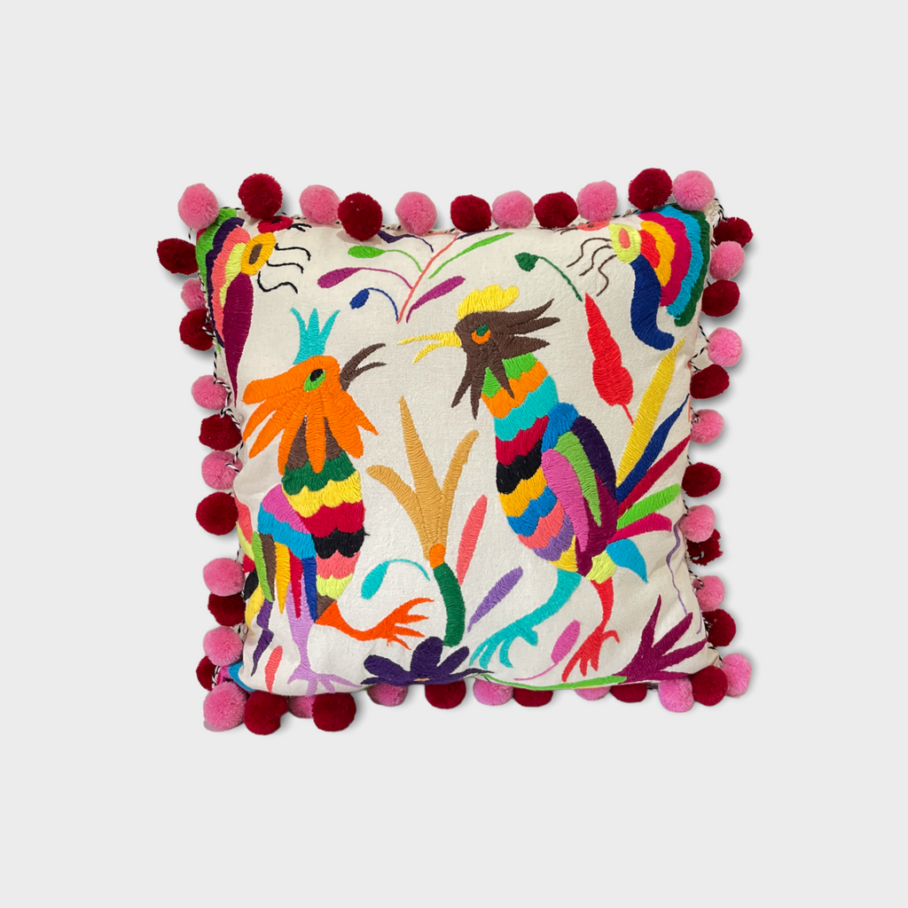 Otomi square throw pillow, pink pompom