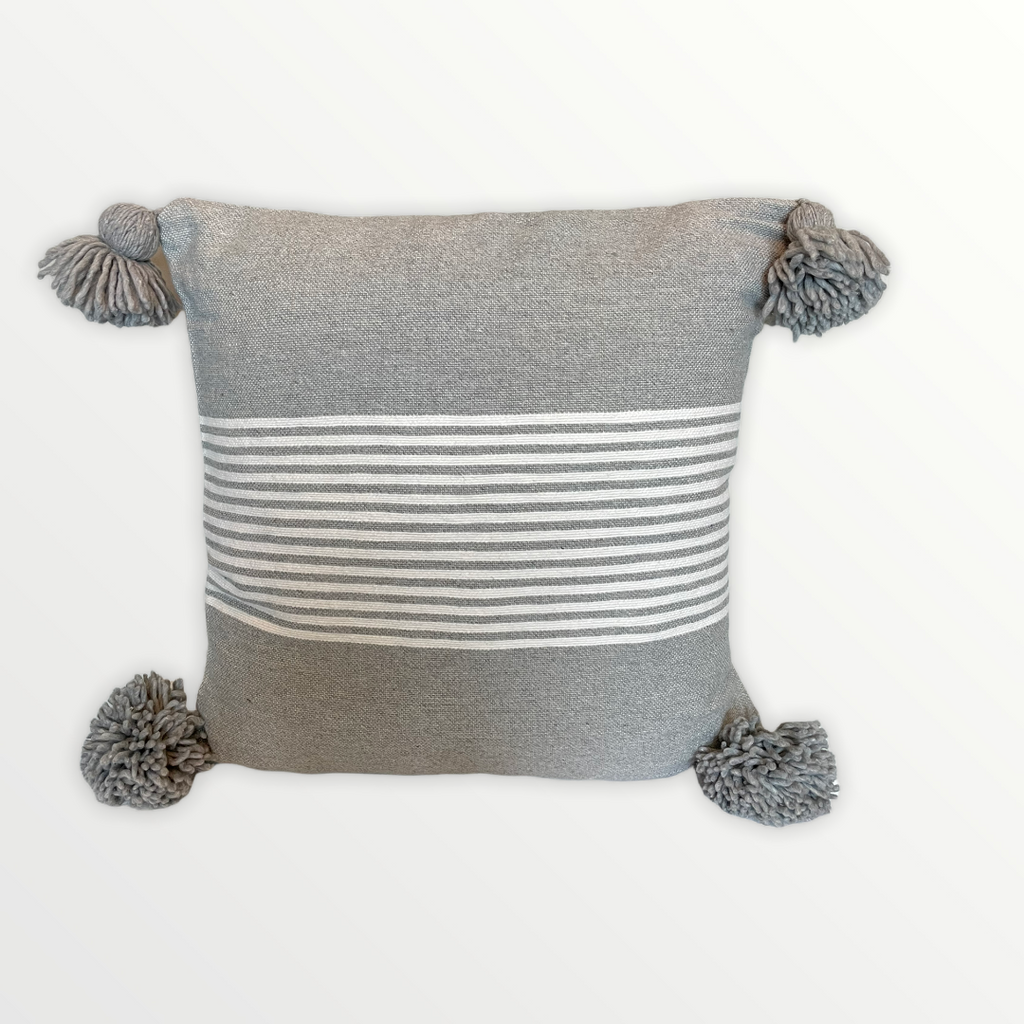 Grey and white Berber pillow cover with big pompoms