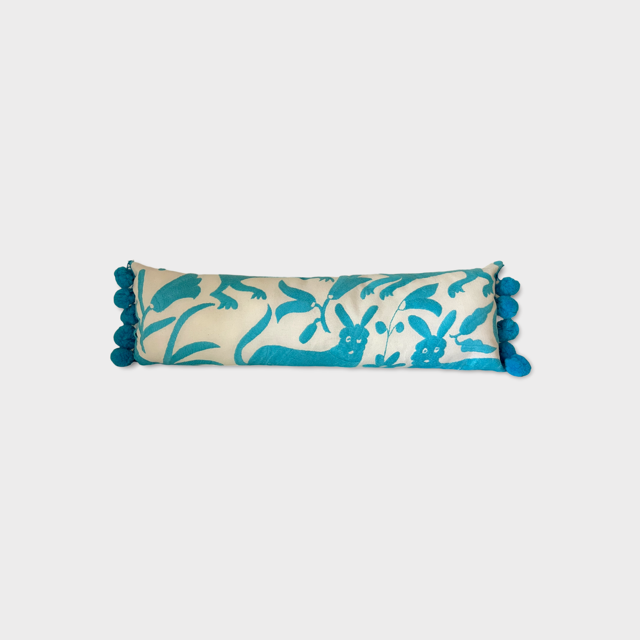 Set of 2 Otomi Lumbar pillow with turquoise pompoms